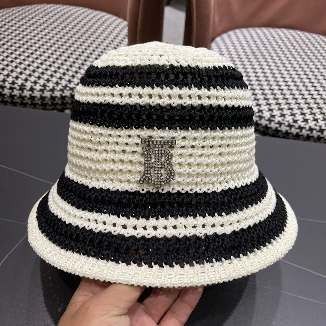  Burberry巴宝莉新款猫条纹草编镂空渔夫帽女2025夏季韩版透气遮脸防晒帽春夏出游盆帽