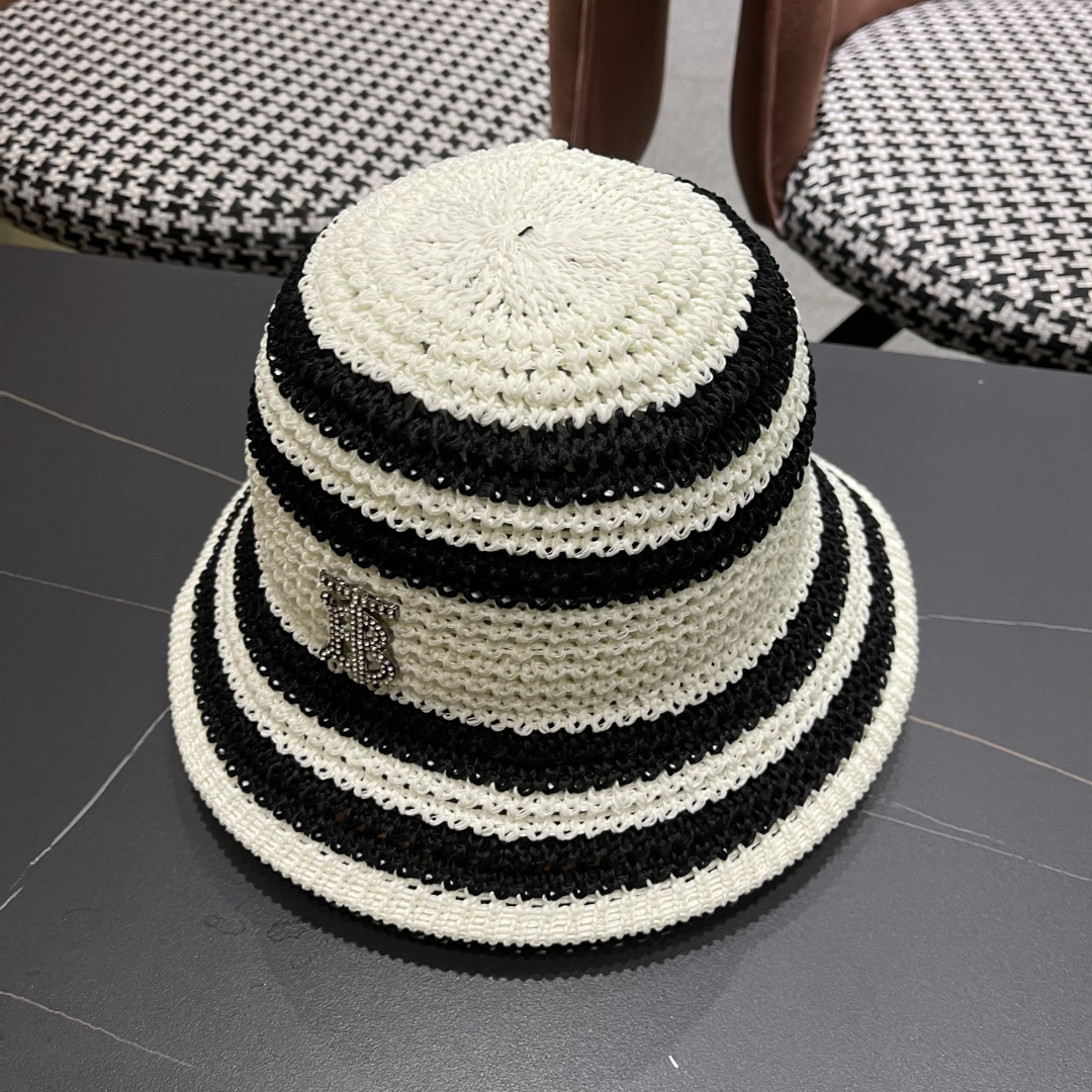  Burberry巴宝莉新款猫条纹草编镂空渔夫帽女2025夏季韩版透气遮脸防晒帽春夏出游盆帽