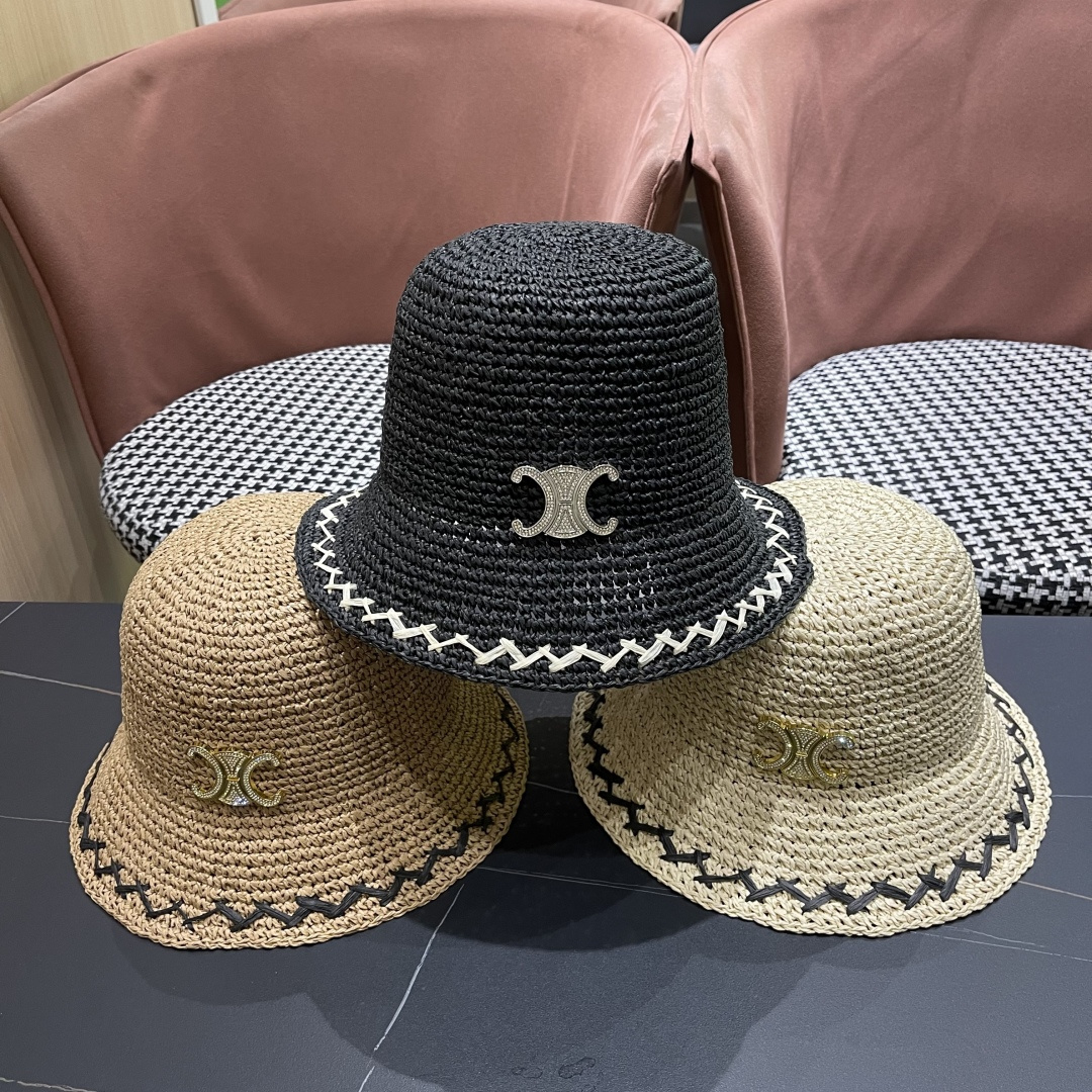  CELINE高版本凯旋门水钻字母2025新款拉菲草渔夫帽
盆帽防晒帽显脸小