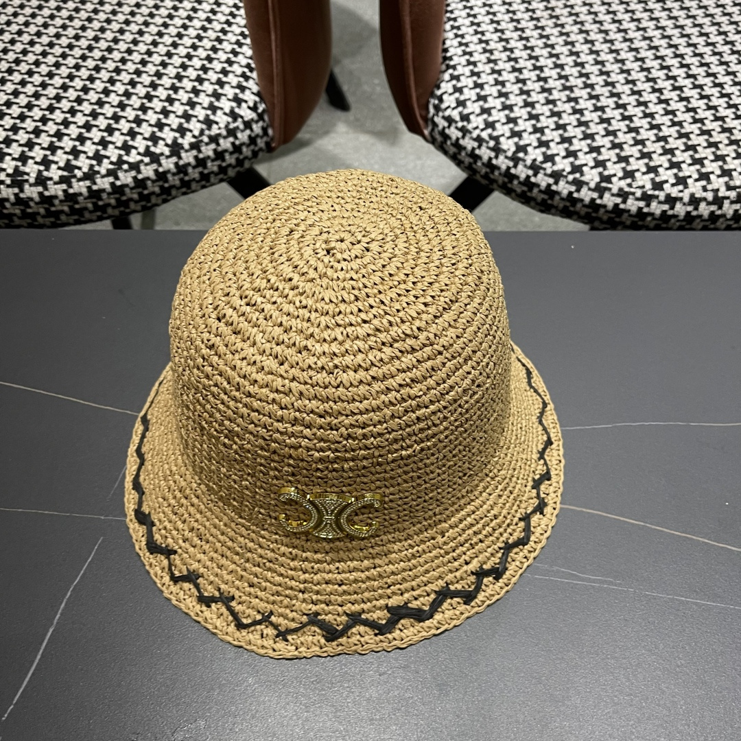  CELINE高版本凯旋门水钻字母2025新款拉菲草渔夫帽
盆帽防晒帽显脸小