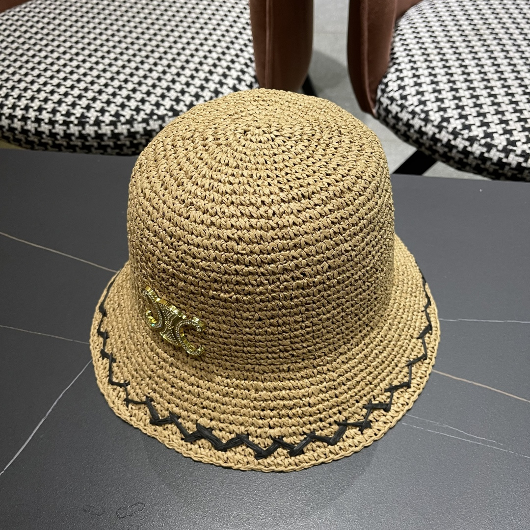  CELINE高版本凯旋门水钻字母2025新款拉菲草渔夫帽
盆帽防晒帽显脸小