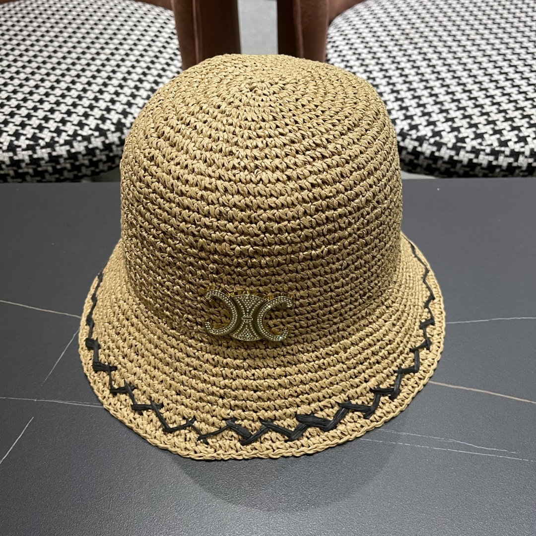  CELINE高版本凯旋门水钻字母2025新款拉菲草渔夫帽
盆帽防晒帽显脸小