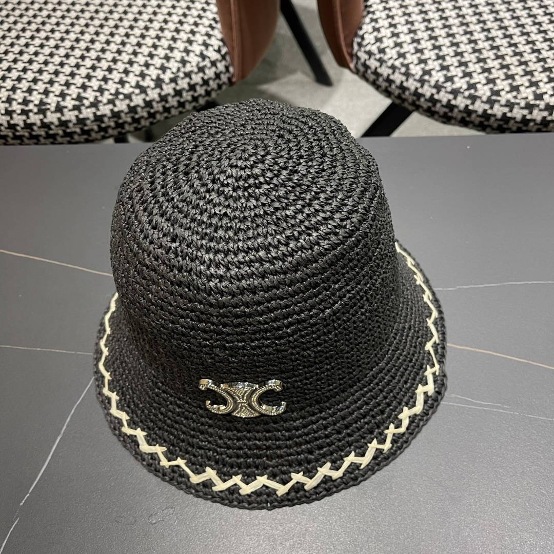  CELINE高版本凯旋门水钻字母2025新款拉菲草渔夫帽
盆帽防晒帽显脸小