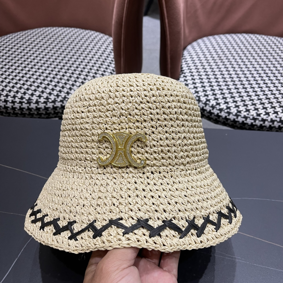  CELINE高版本凯旋门水钻字母2025新款拉菲草渔夫帽
盆帽防晒帽显脸小