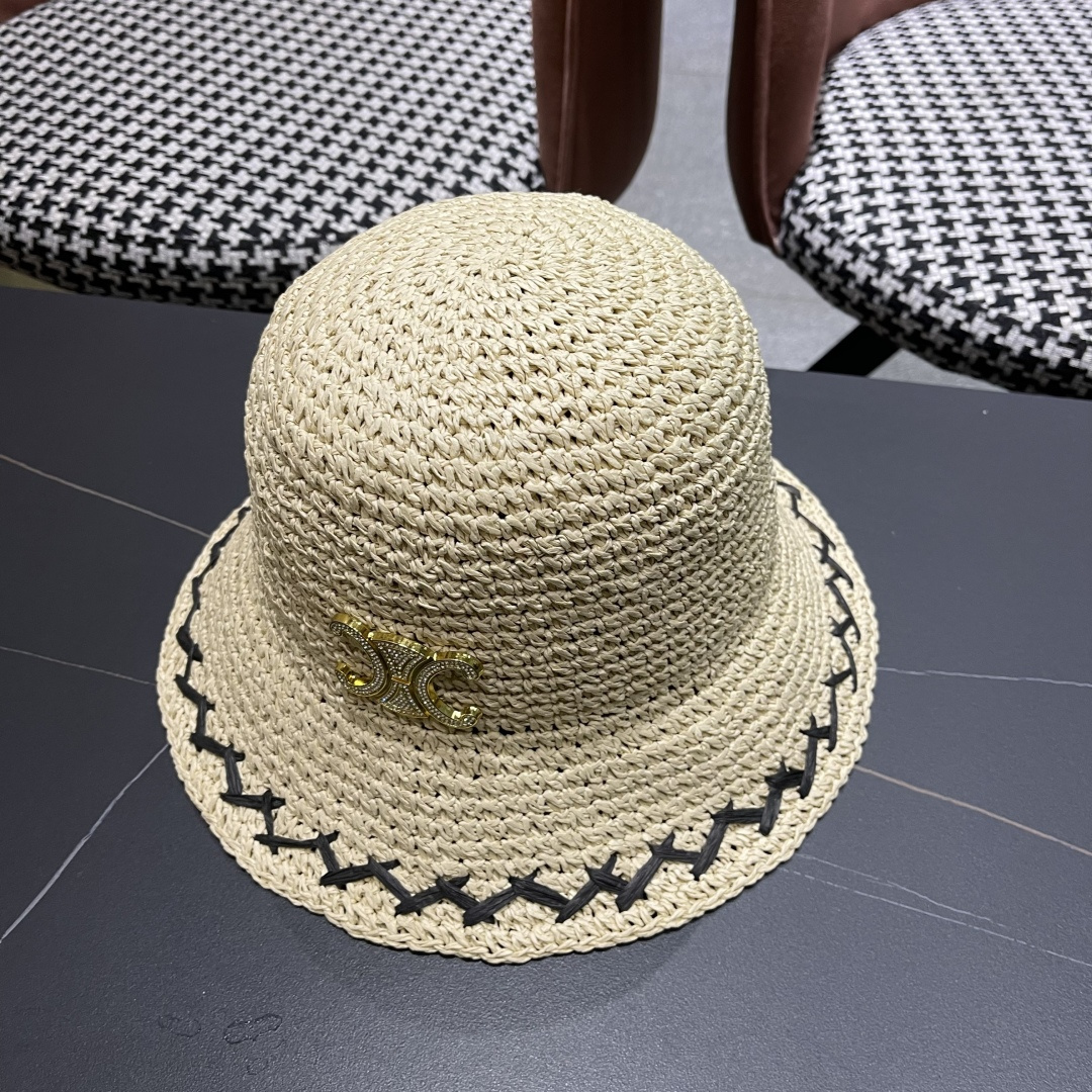  CELINE高版本凯旋门水钻字母2025新款拉菲草渔夫帽
盆帽防晒帽显脸小
