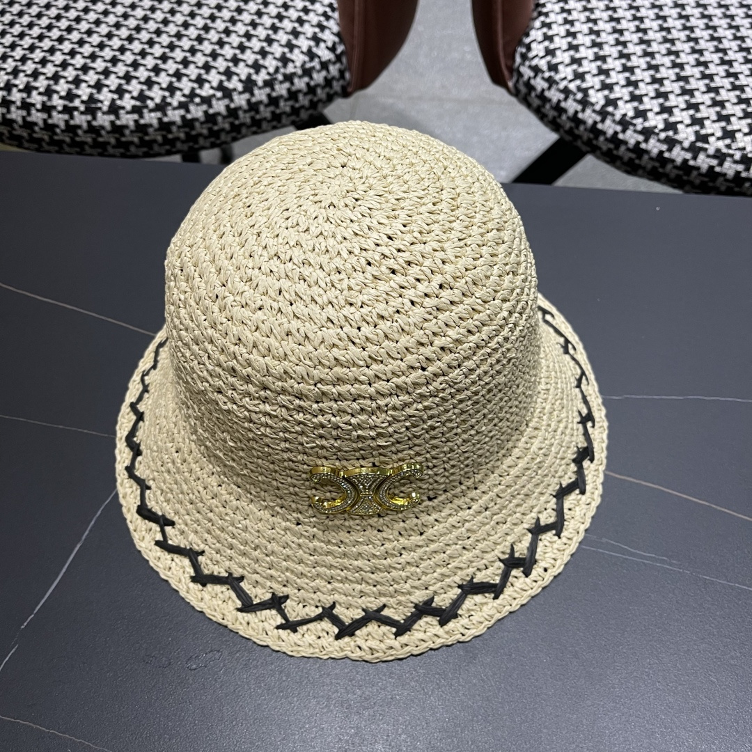  CELINE高版本凯旋门水钻字母2025新款拉菲草渔夫帽
盆帽防晒帽显脸小