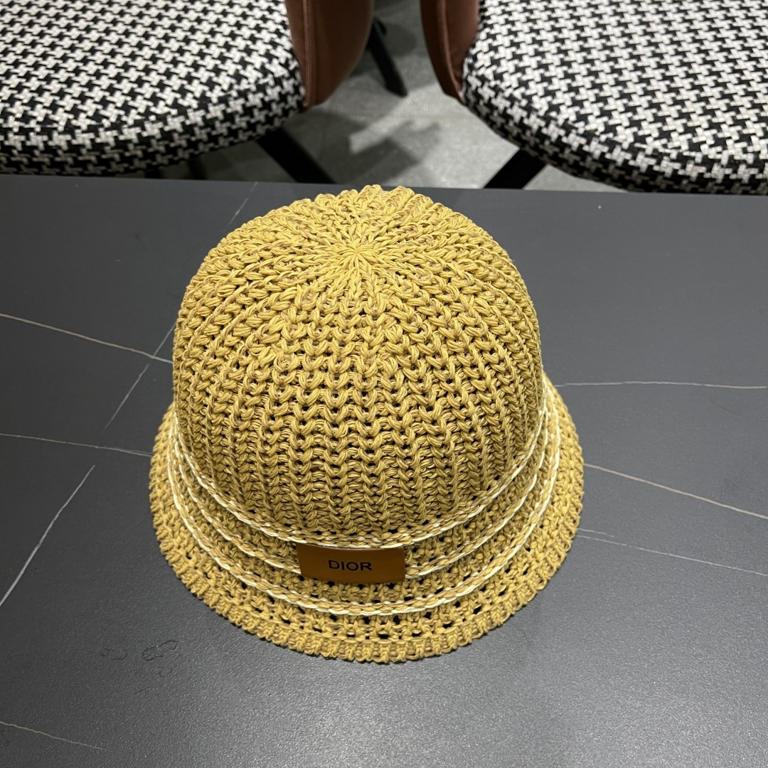  迪奥Dior 春夏季开叉蝴蝶结飘带品脸小桶帽子女编织透气百搭渔夫帽针织盆帽