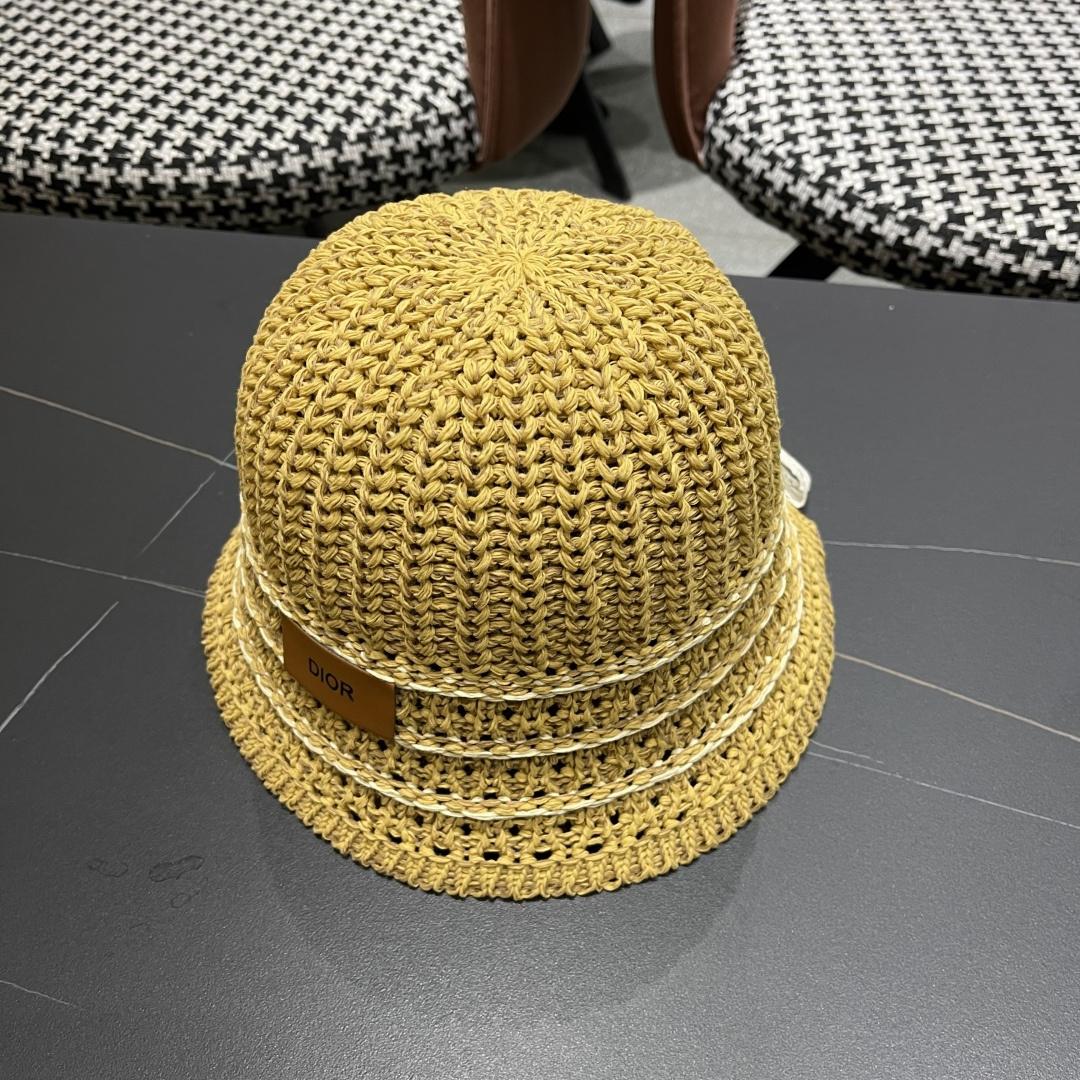  迪奥Dior 春夏季开叉蝴蝶结飘带品脸小桶帽子女编织透气百搭渔夫帽针织盆帽