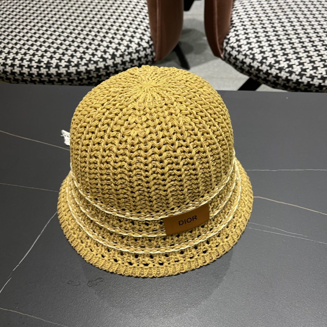  迪奥Dior 春夏季开叉蝴蝶结飘带品脸小桶帽子女编织透气百搭渔夫帽针织盆帽