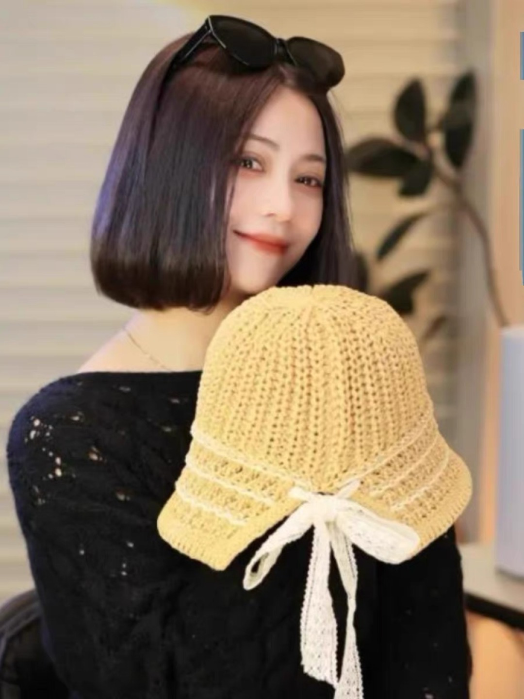  迪奥Dior 春夏季开叉蝴蝶结飘带品脸小桶帽子女编织透气百搭渔夫帽针织盆帽