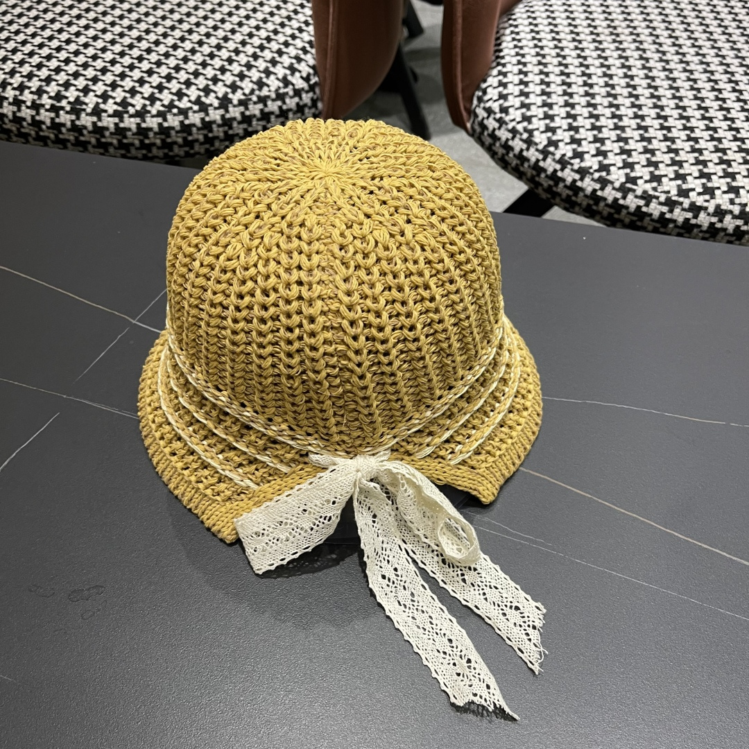 迪奥Dior 春夏季开叉蝴蝶结飘带品脸小桶帽子女编织透气百搭渔夫帽针织盆帽