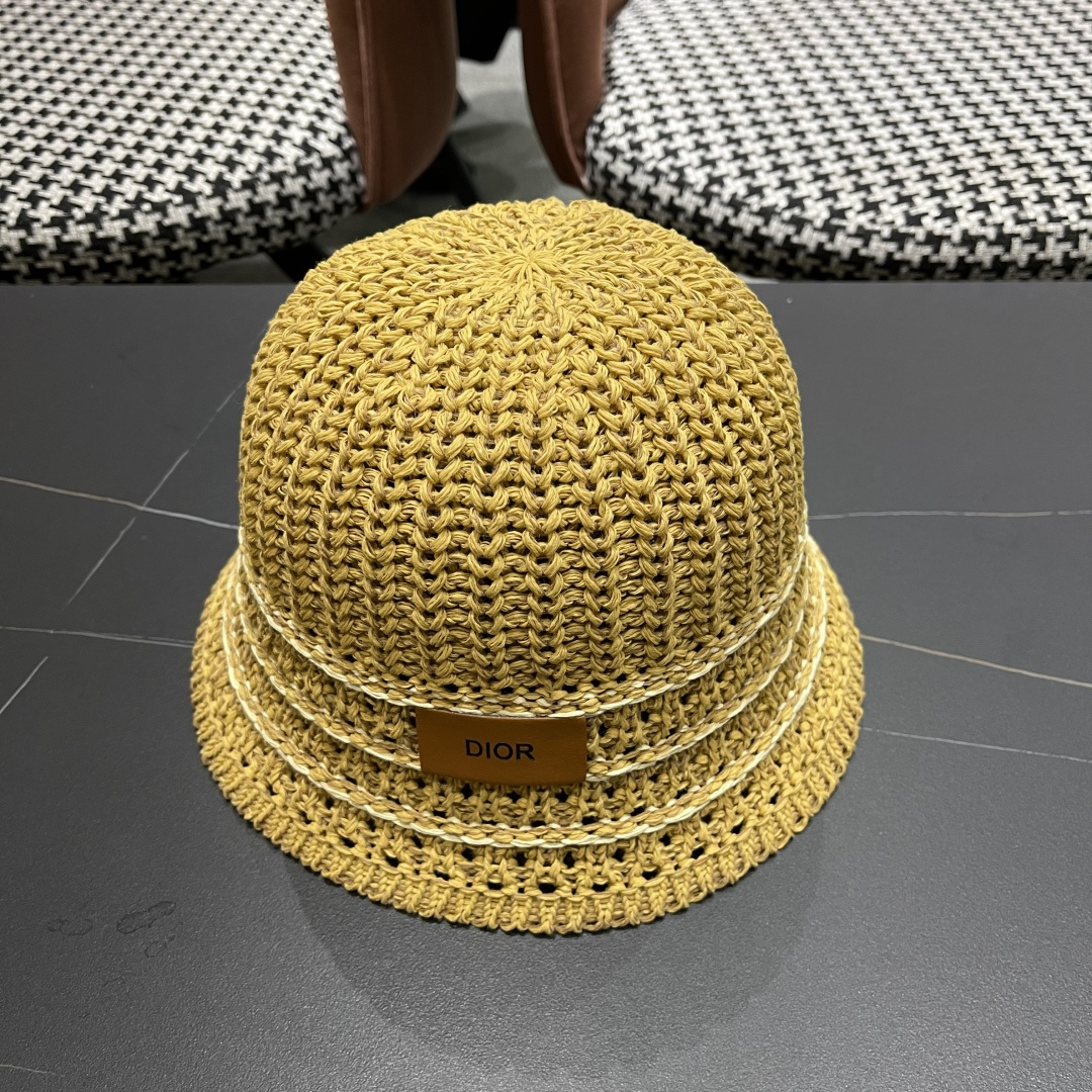  迪奥Dior 春夏季开叉蝴蝶结飘带品脸小桶帽子女编织透气百搭渔夫帽针织盆帽