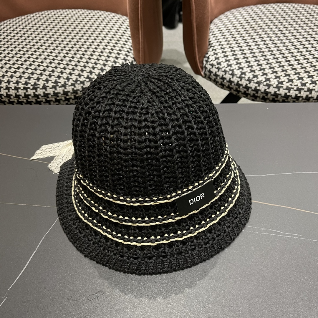  迪奥Dior 春夏季开叉蝴蝶结飘带品脸小桶帽子女编织透气百搭渔夫帽针织盆帽
