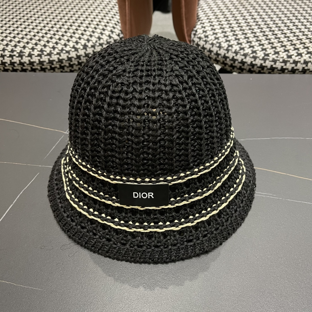  迪奥Dior 春夏季开叉蝴蝶结飘带品脸小桶帽子女编织透气百搭渔夫帽针织盆帽
