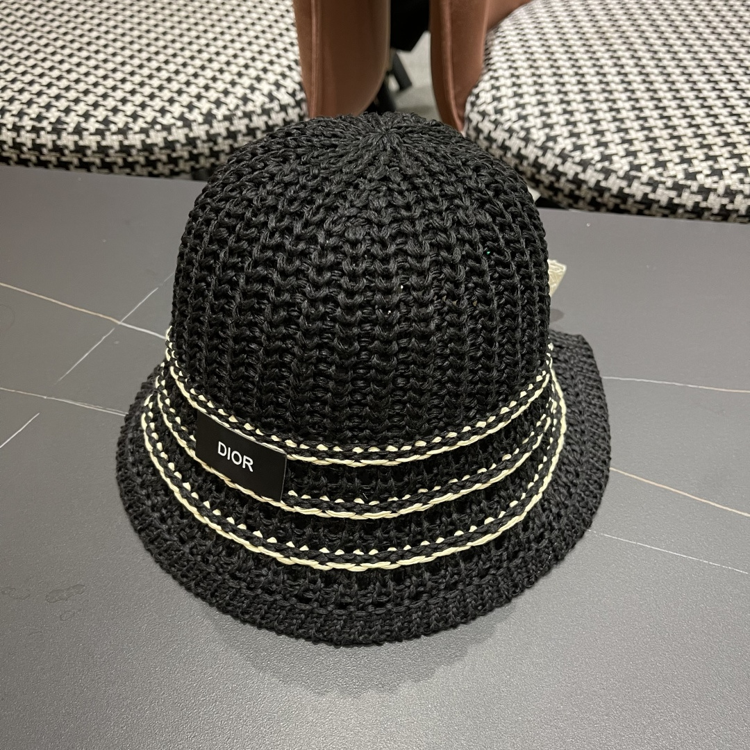  迪奥Dior 春夏季开叉蝴蝶结飘带品脸小桶帽子女编织透气百搭渔夫帽针织盆帽