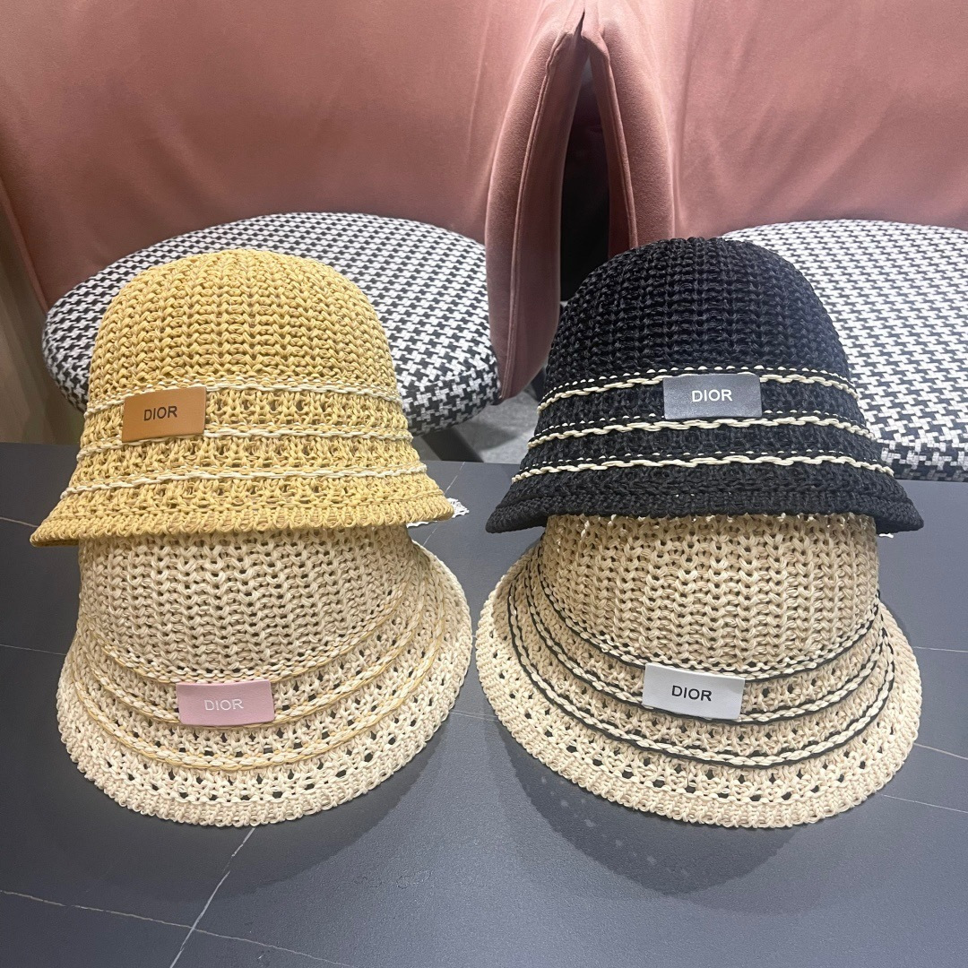  迪奥Dior 春夏季开叉蝴蝶结飘带品脸小桶帽子女编织透气百搭渔夫帽针织盆帽