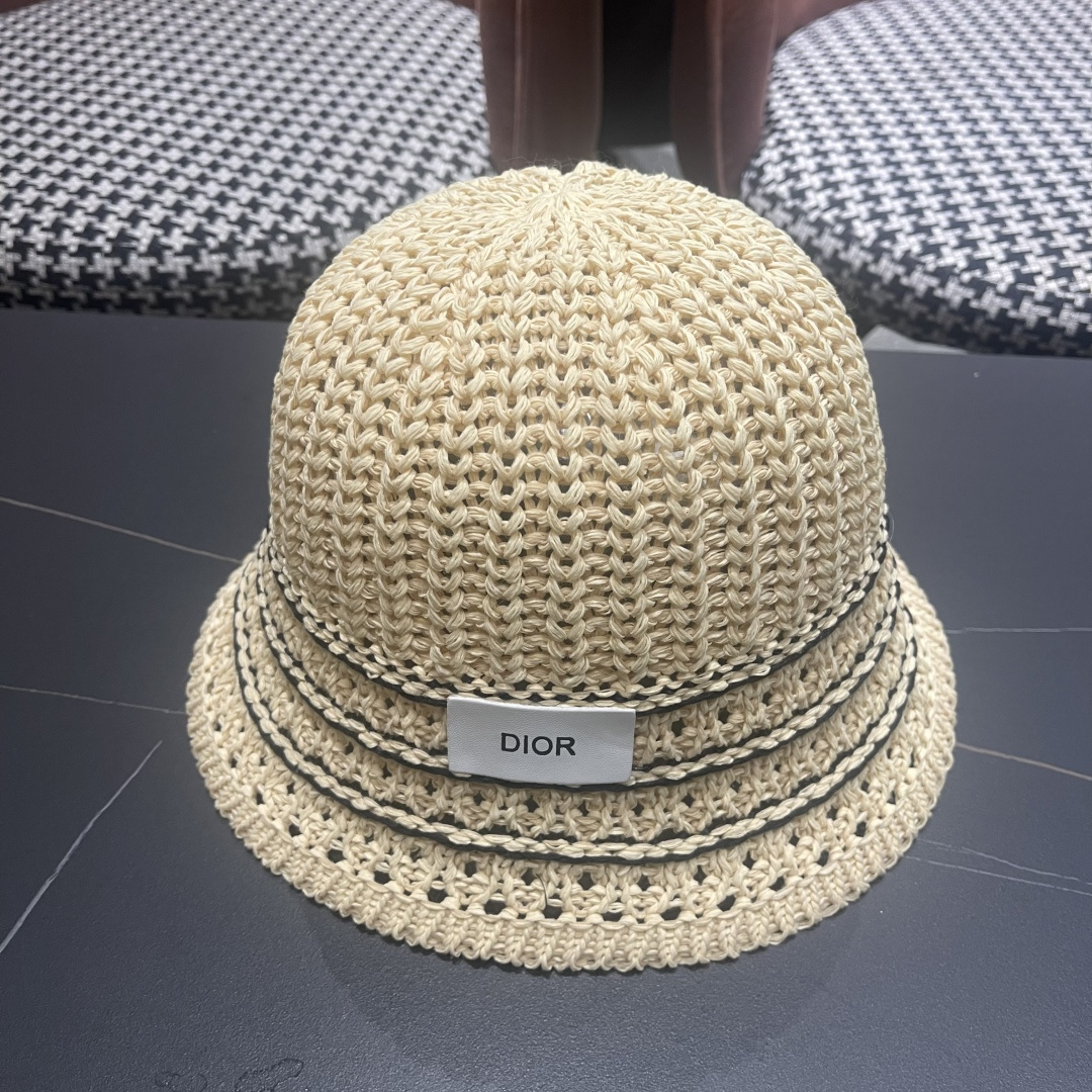  迪奥Dior 春夏季开叉蝴蝶结飘带品脸小桶帽子女编织透气百搭渔夫帽针织盆帽
