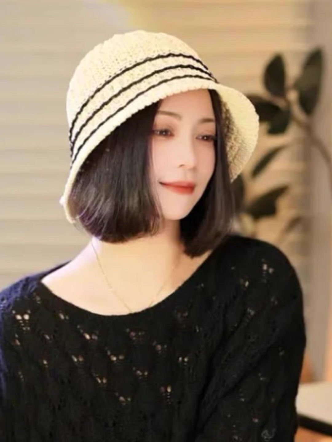  迪奥Dior 春夏季开叉蝴蝶结飘带品脸小桶帽子女编织透气百搭渔夫帽针织盆帽