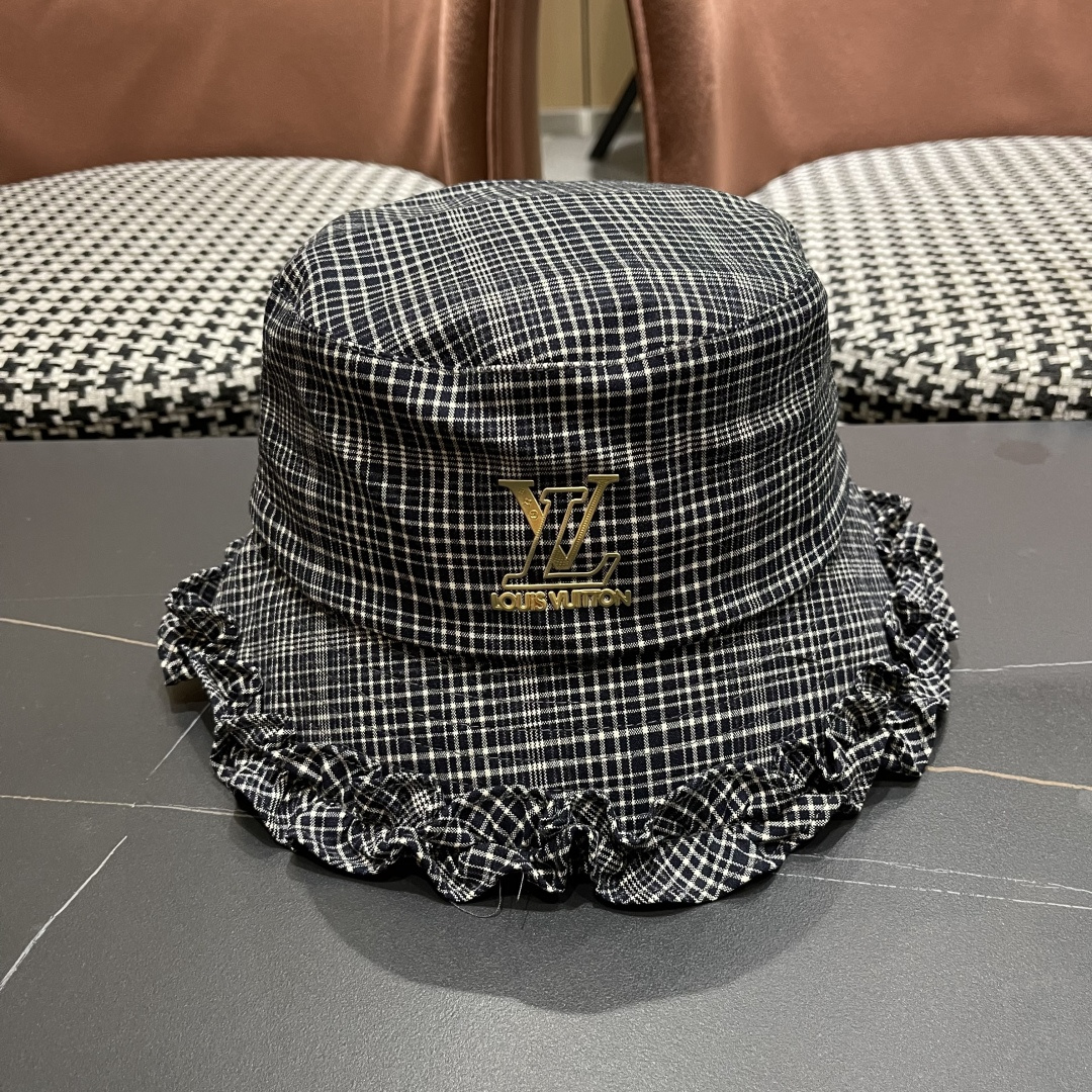  Lv路易威登 品脸小吸睛百搭英伦格子棉复古休闲厚秋女式木耳边盆渔夫帽
