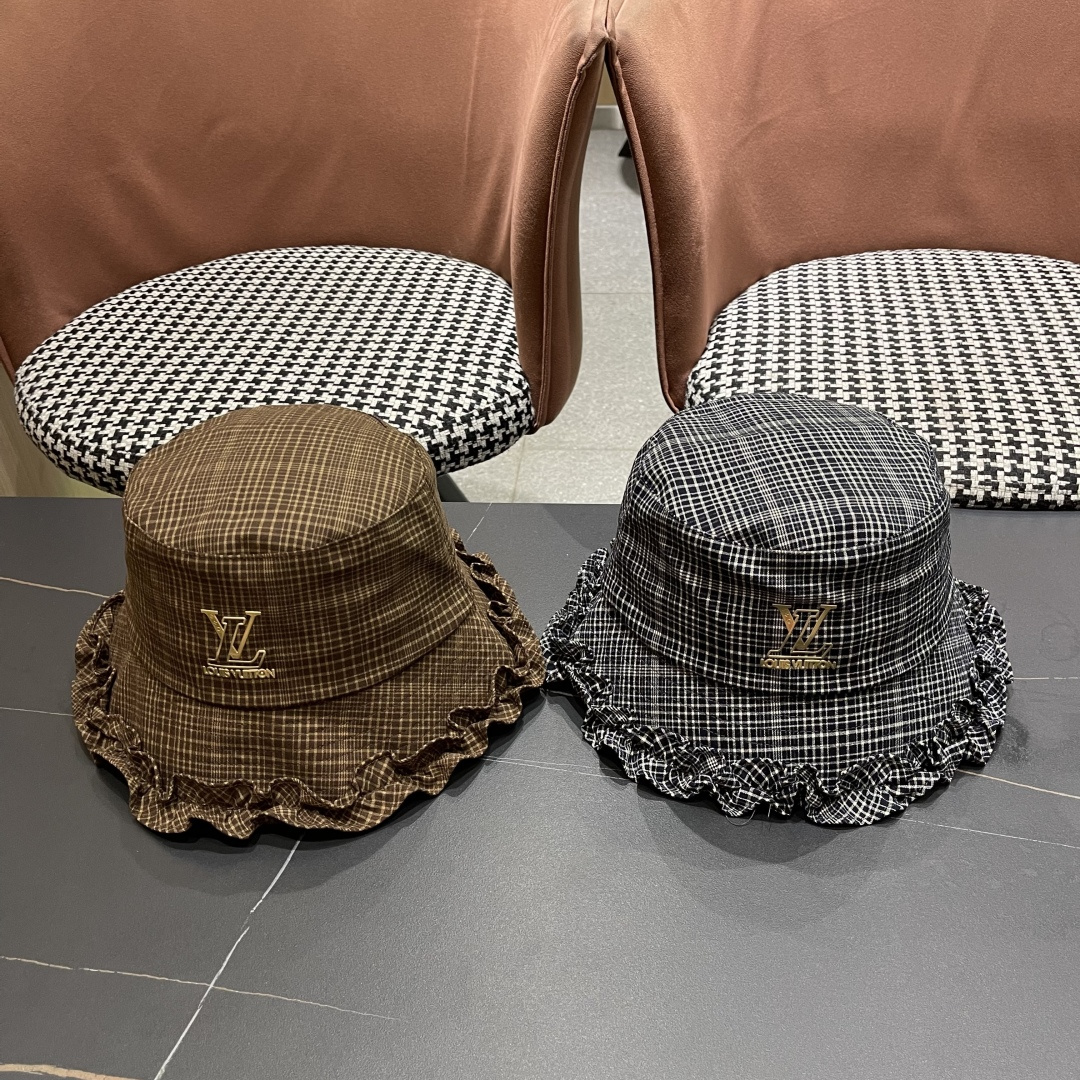  Lv路易威登 品脸小吸睛百搭英伦格子棉复古休闲厚秋女式木耳边盆渔夫帽
