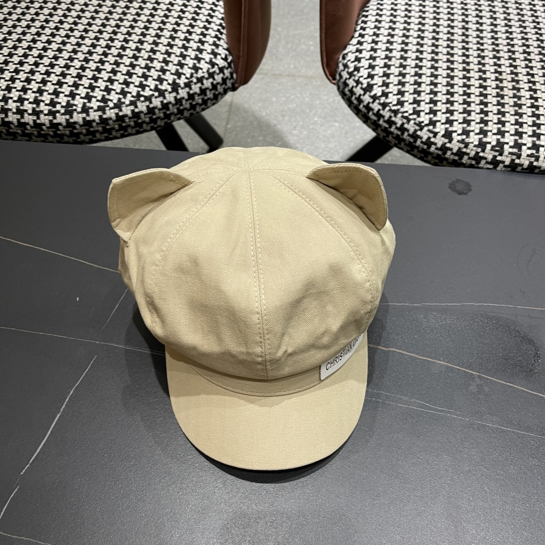  迪奥 可爱猫耳朵贝雷帽女日系百搭显脸小八
角帽复古大头围黑色画家帽子