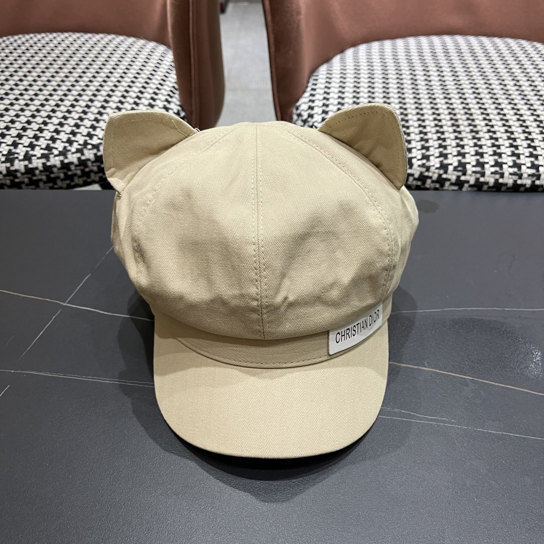  迪奥 可爱猫耳朵贝雷帽女日系百搭显脸小八
角帽复古大头围黑色画家帽子