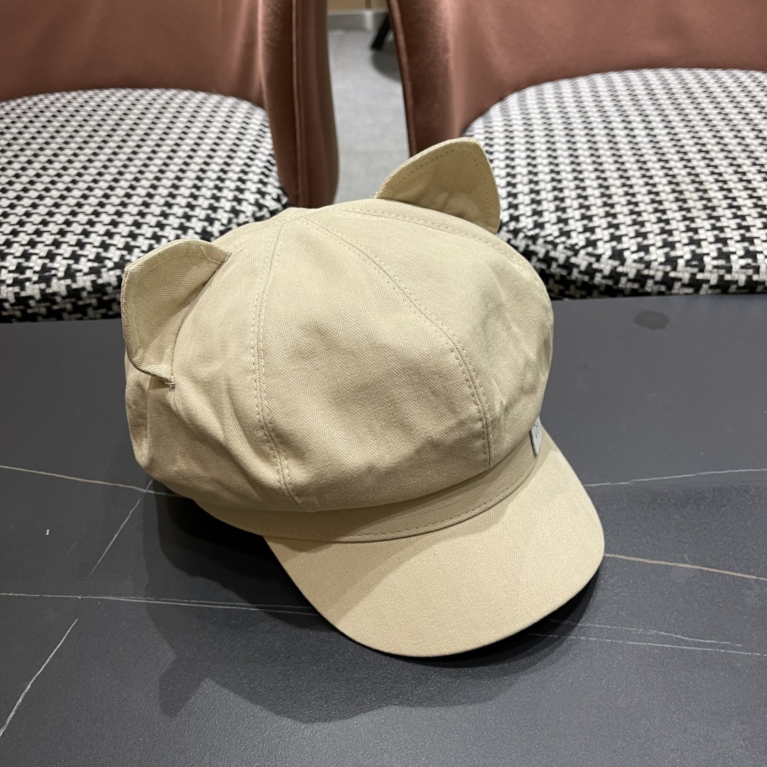  迪奥 可爱猫耳朵贝雷帽女日系百搭显脸小八
角帽复古大头围黑色画家帽子