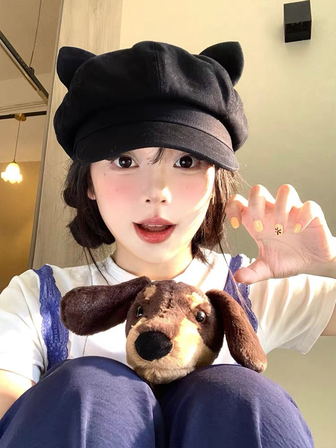  迪奥 可爱猫耳朵贝雷帽女日系百搭显脸小八
角帽复古大头围黑色画家帽子