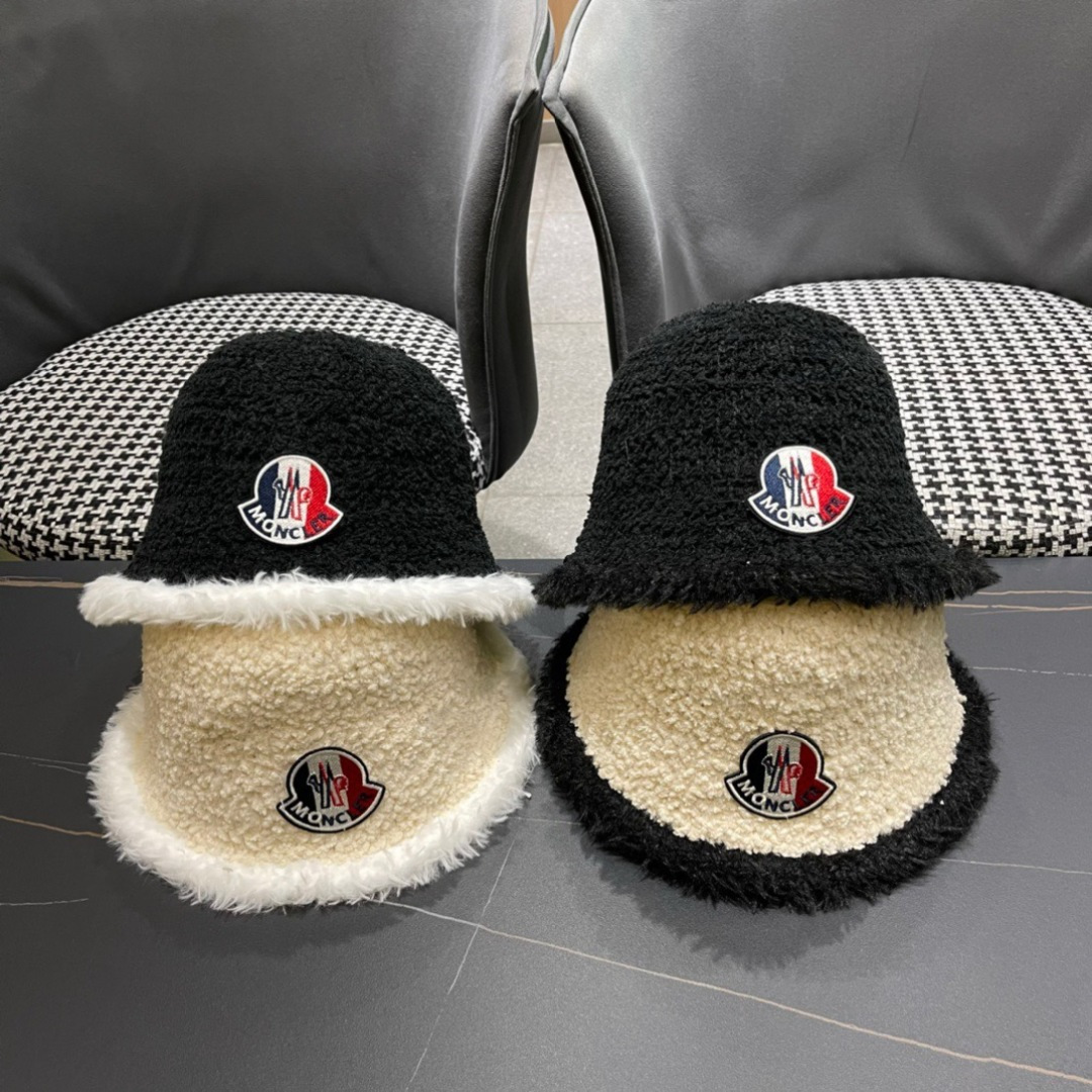  Moncler蒙口秋冬毛绒盆帽女百搭羊羔绒质感圆顶帽韩版渔夫帽保暖毛线帽文艺
