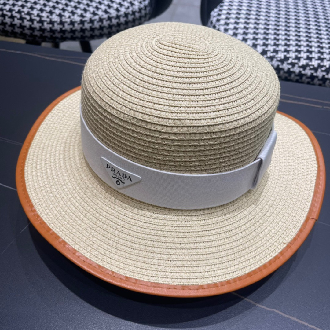   PRADA普拉达草帽，皮边高级定制，超好看帽型，头围57cm

