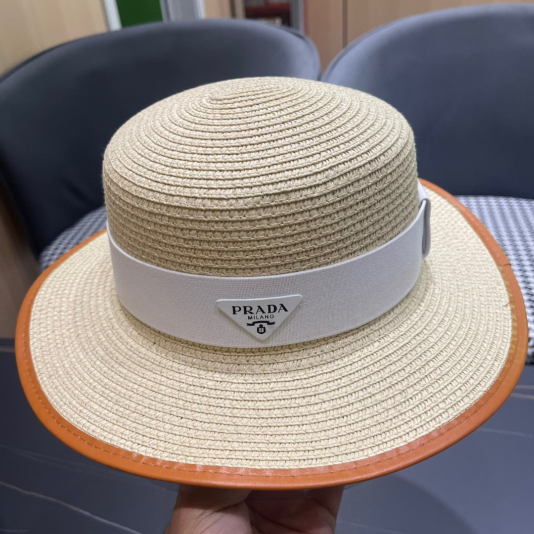   PRADA普拉达草帽，皮边高级定制，超好看帽型，头围57cm

