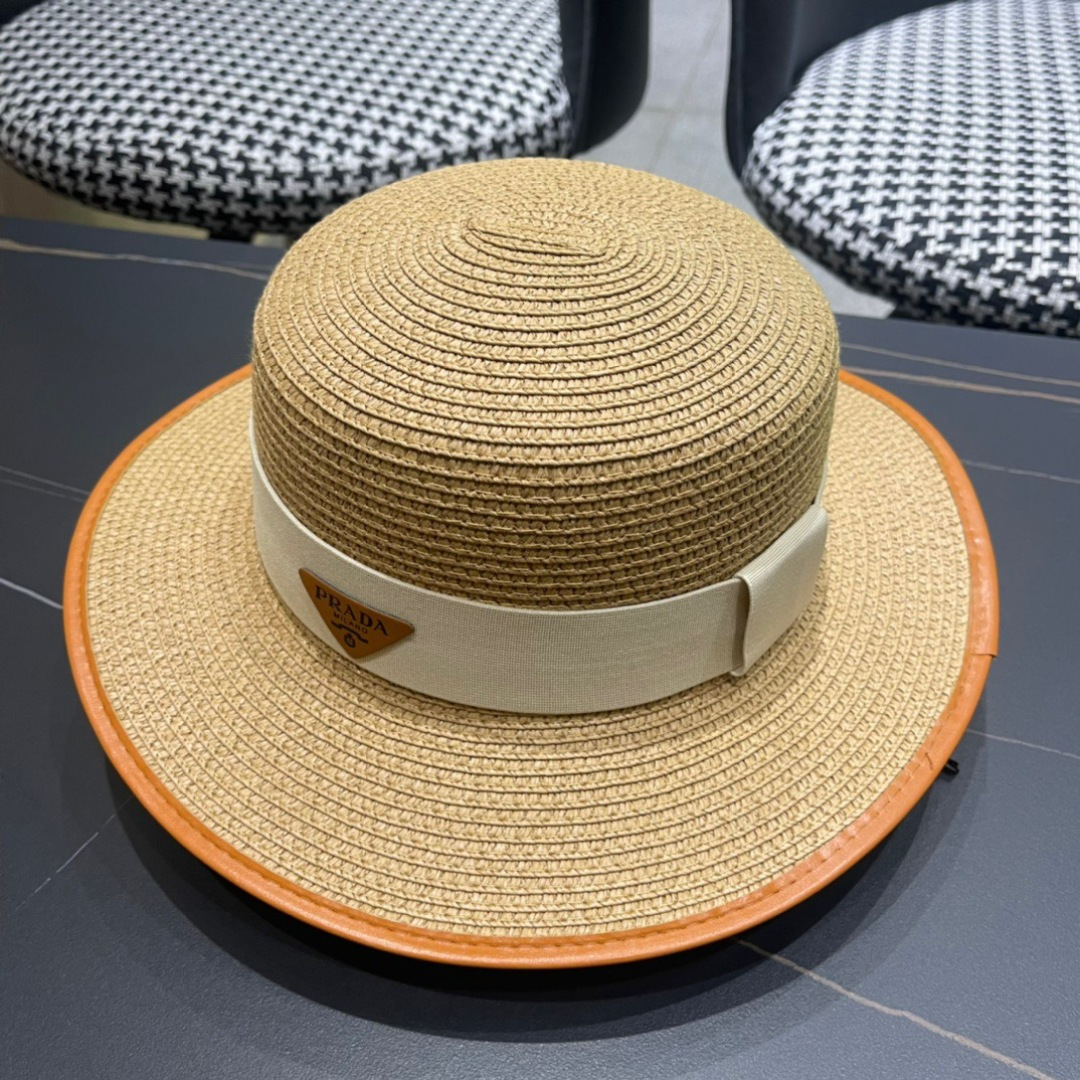   PRADA普拉达草帽，皮边高级定制，超好看帽型，头围57cm

