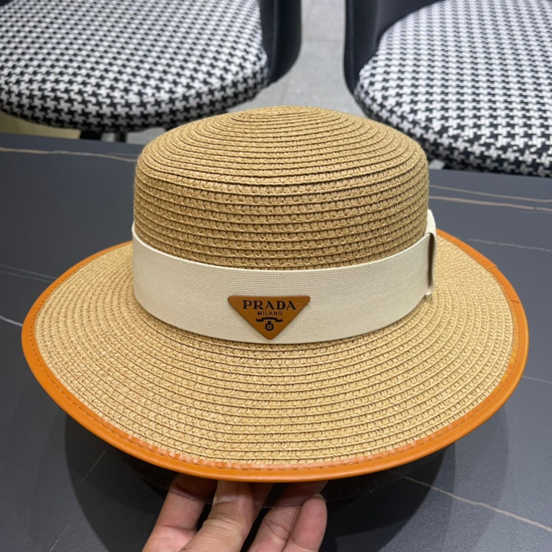  PRADA普拉达草帽，皮边高级定制，超好看帽型，头围57cm

