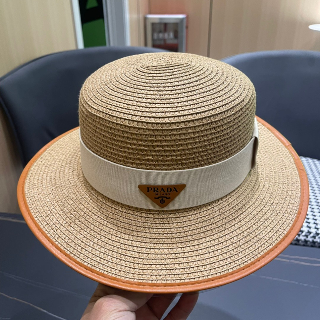  PRADA普拉达草帽，皮边高级定制，超好看帽型，头围57cm

