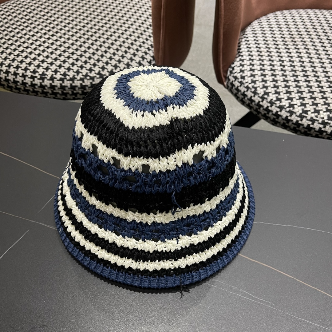  Chanel香奈儿 日系条纹针织镂空棉渔夫帽女春夏季2025新款透气遮阳防晒帽子盆帽