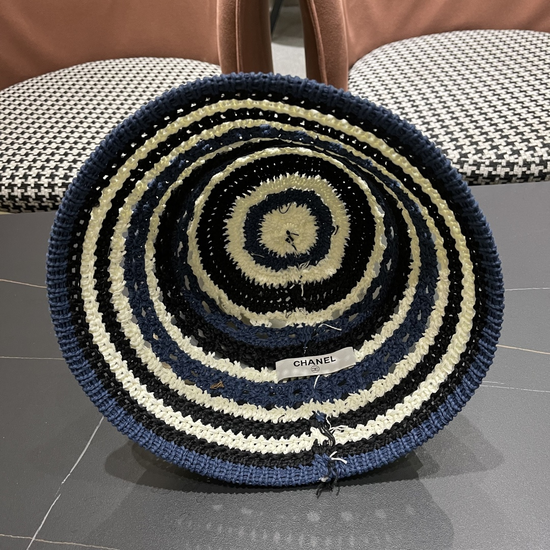  Chanel香奈儿 日系条纹针织镂空棉渔夫帽女春夏季2025新款透气遮阳防晒帽子盆帽
