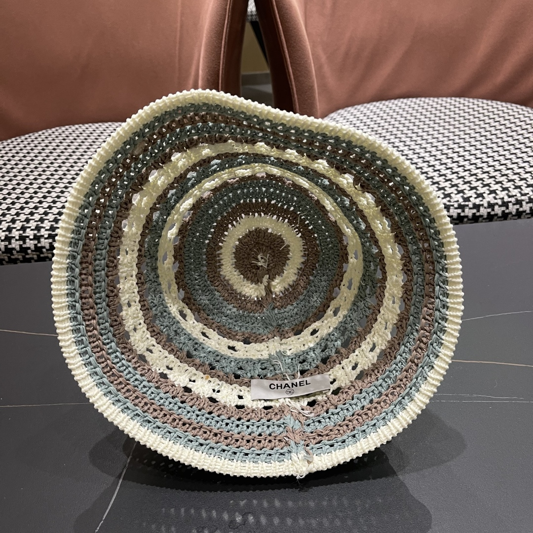  Chanel香奈儿 日系条纹针织镂空棉渔夫帽女春夏季2025新款透气遮阳防晒帽子盆帽