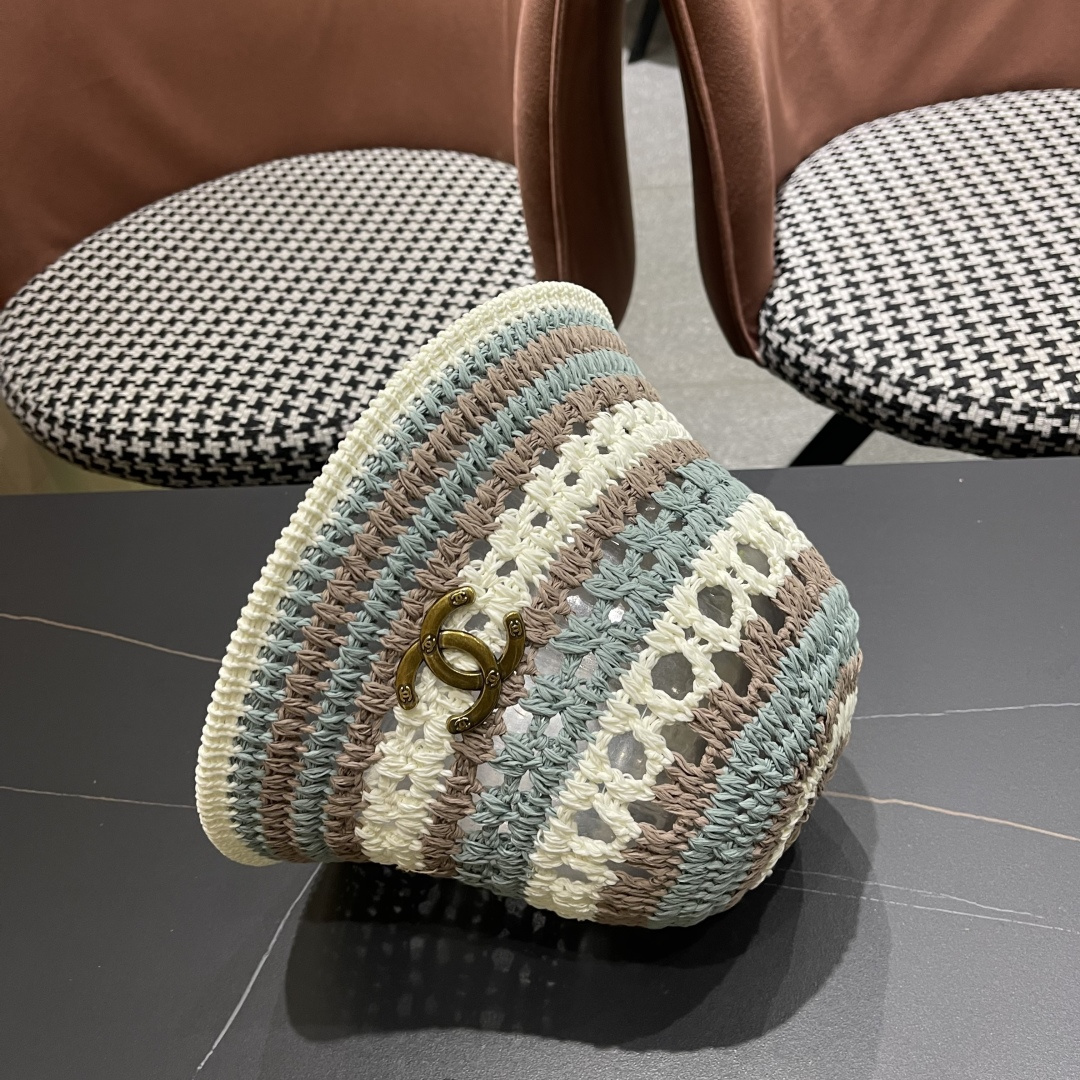  Chanel香奈儿 日系条纹针织镂空棉渔夫帽女春夏季2025新款透气遮阳防晒帽子盆帽