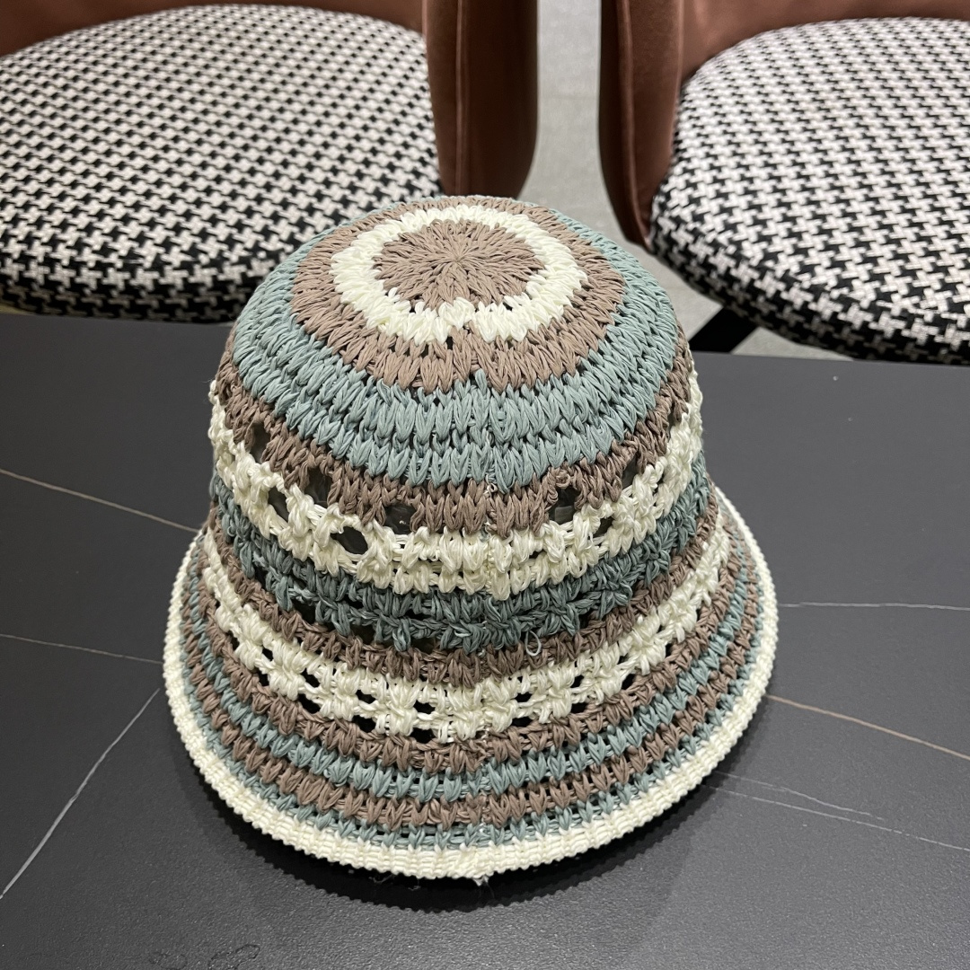  Chanel香奈儿 日系条纹针织镂空棉渔夫帽女春夏季2025新款透气遮阳防晒帽子盆帽