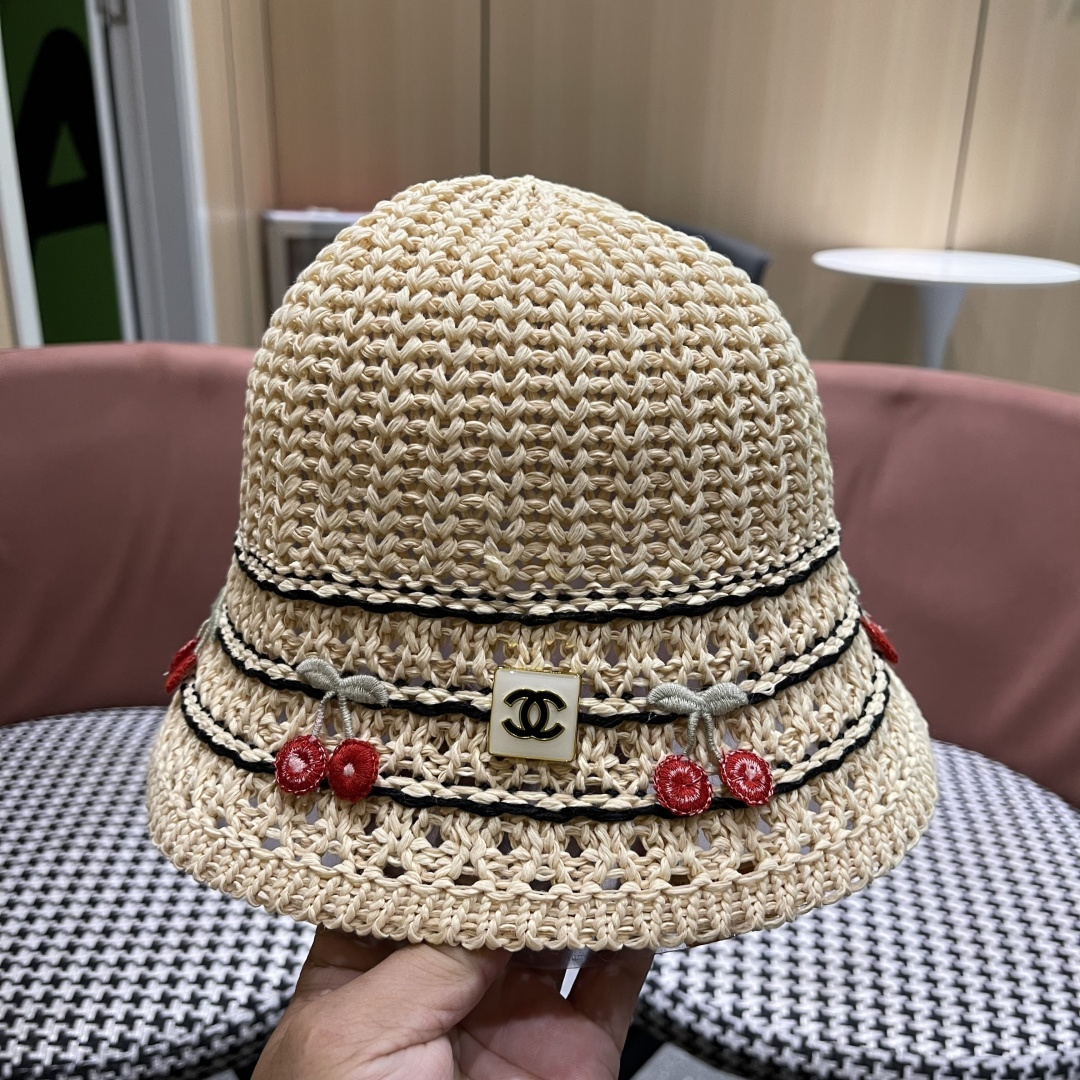  香奈儿2025手工编织镂空渔夫帽女夏季甜美可爱，假风遮阳防晒帽子透气盆帽