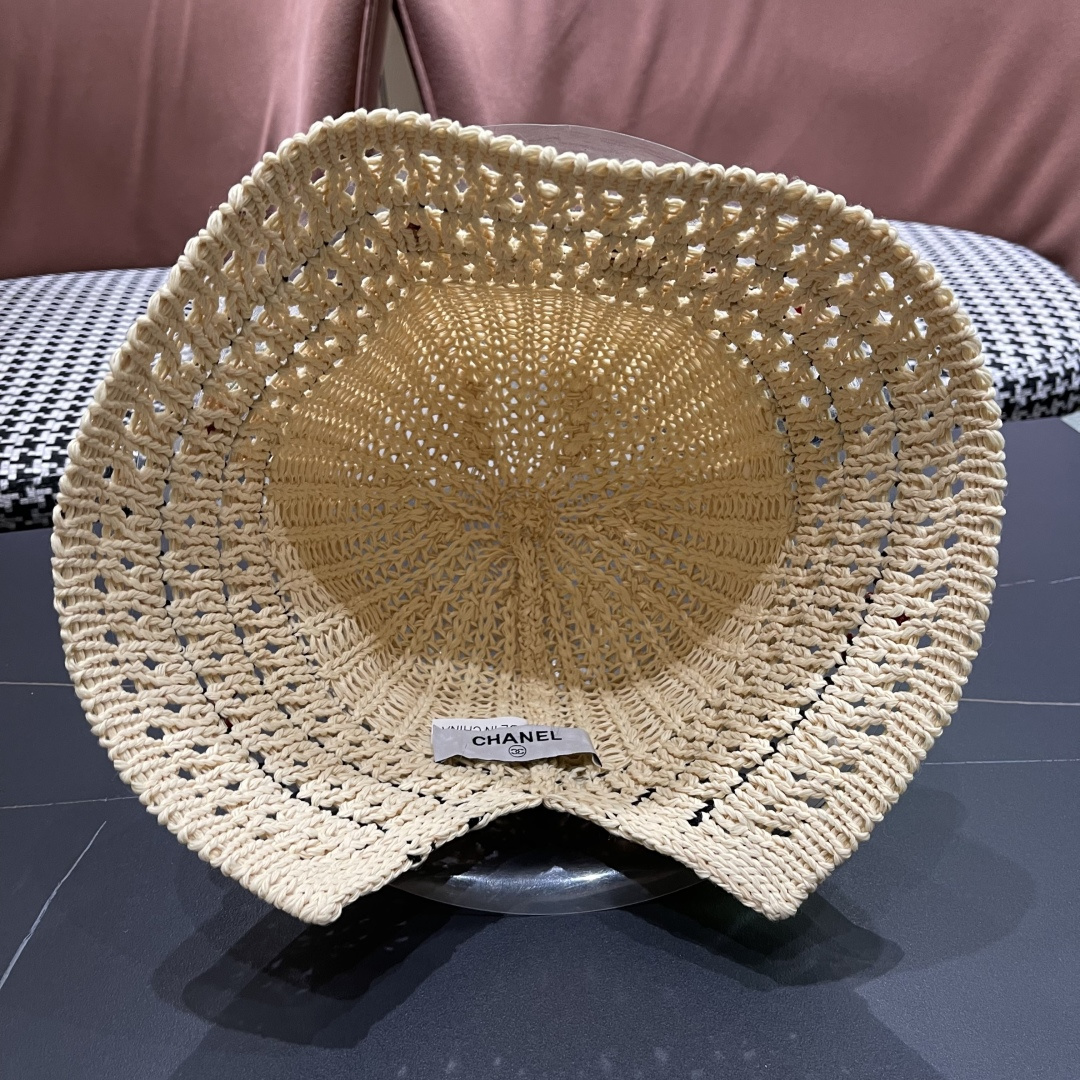  香奈儿2025手工编织镂空渔夫帽女夏季甜美可爱，假风遮阳防晒帽子透气盆帽