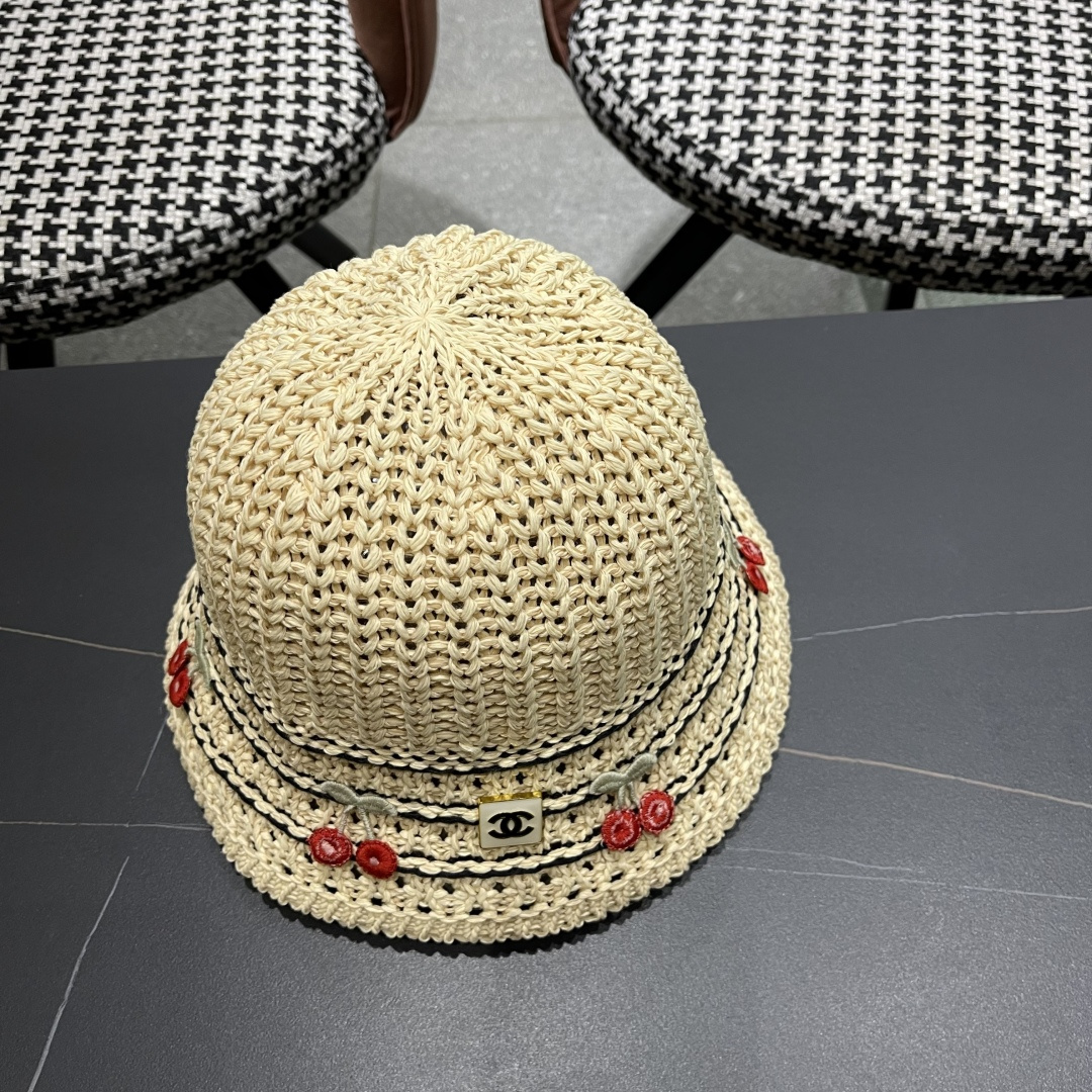  香奈儿2025手工编织镂空渔夫帽女夏季甜美可爱，假风遮阳防晒帽子透气盆帽
