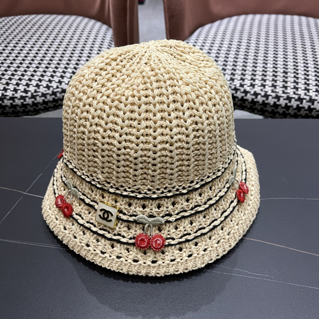  香奈儿2025手工编织镂空渔夫帽女夏季甜美可爱，假风遮阳防晒帽子透气盆帽