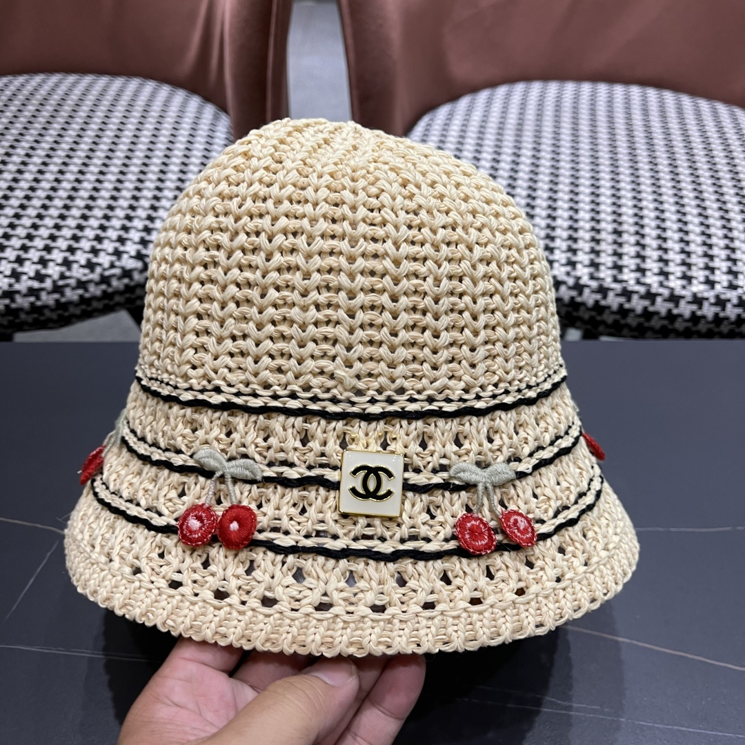  香奈儿2025手工编织镂空渔夫帽女夏季甜美可爱，假风遮阳防晒帽子透气盆帽