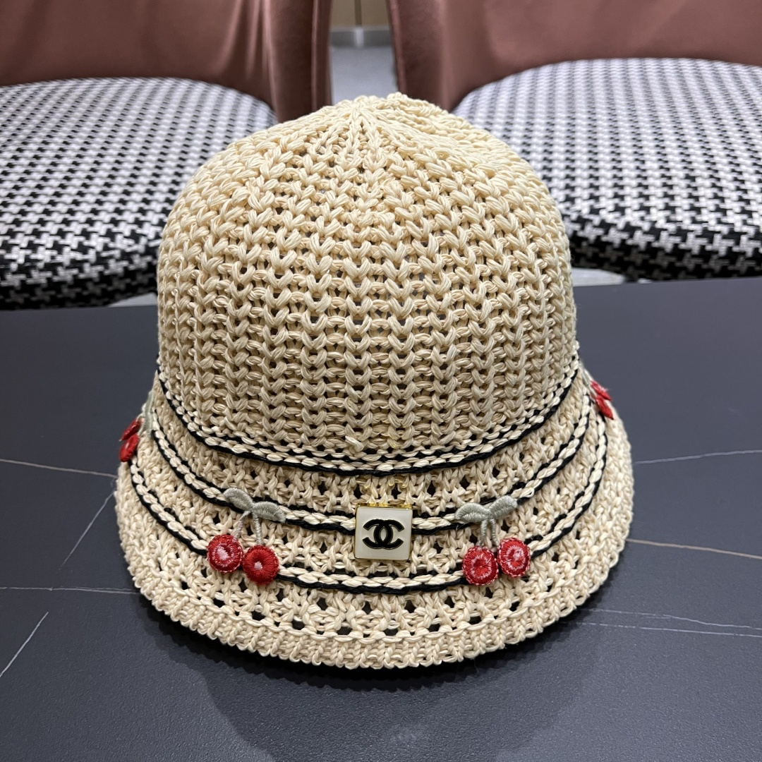 香奈儿2025手工编织镂空渔夫帽女夏季甜美可爱，假风遮阳防晒帽子透气盆帽