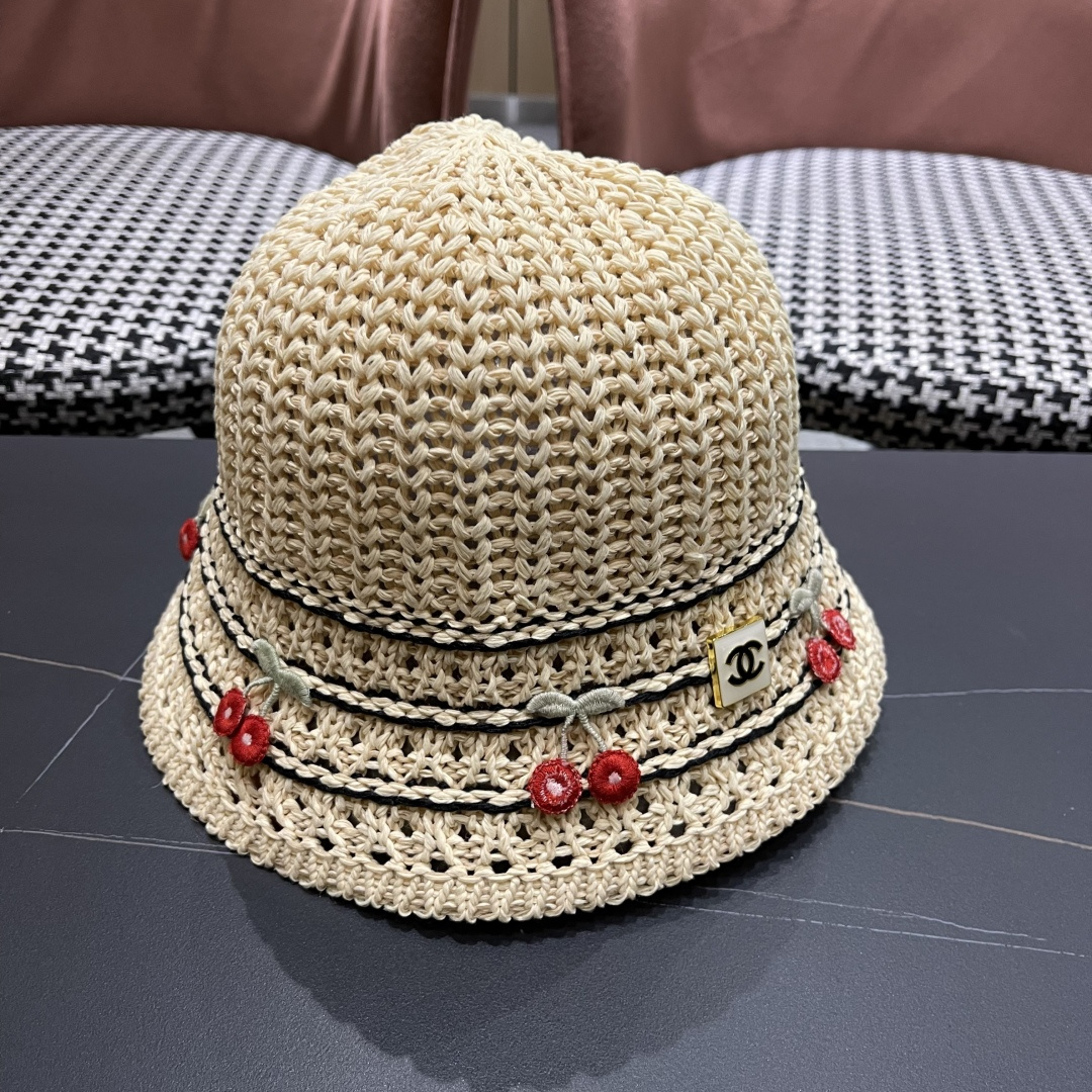  香奈儿2025手工编织镂空渔夫帽女夏季甜美可爱，假风遮阳防晒帽子透气盆帽