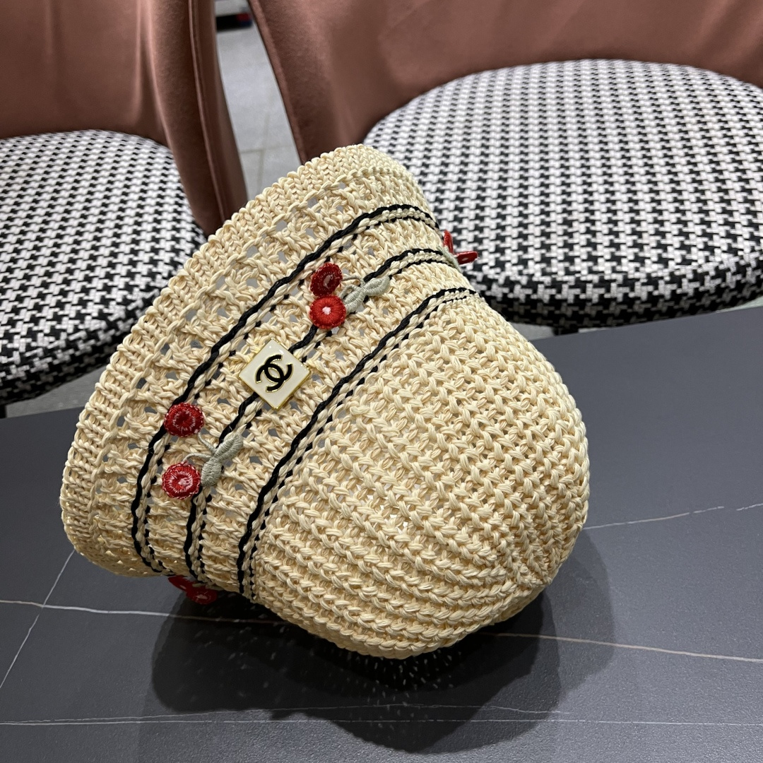  香奈儿2025手工编织镂空渔夫帽女夏季甜美可爱，假风遮阳防晒帽子透气盆帽
