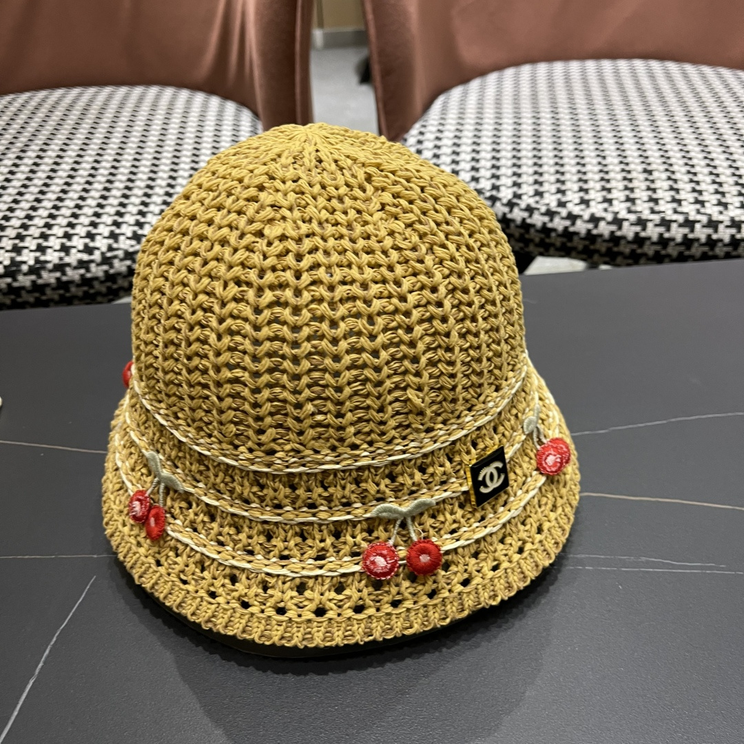  香奈儿2025手工编织镂空渔夫帽女夏季甜美可爱，假风遮阳防晒帽子透气盆帽