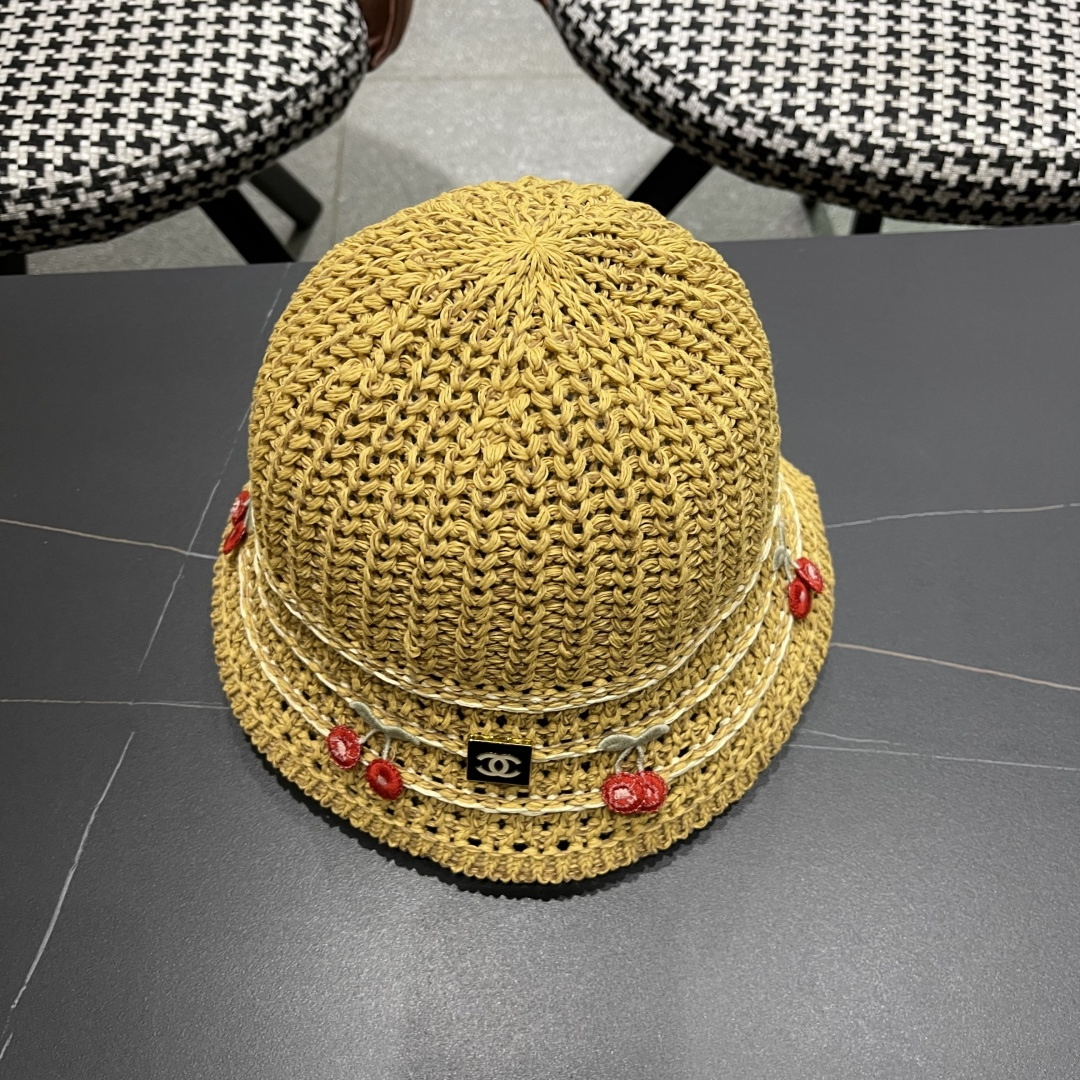  香奈儿2025手工编织镂空渔夫帽女夏季甜美可爱，假风遮阳防晒帽子透气盆帽