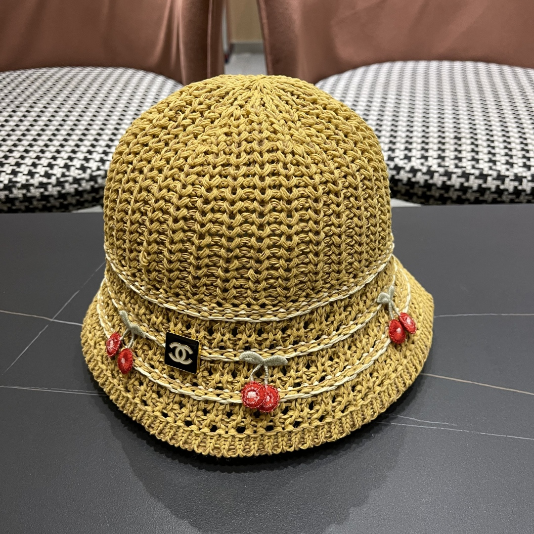  香奈儿2025手工编织镂空渔夫帽女夏季甜美可爱，假风遮阳防晒帽子透气盆帽